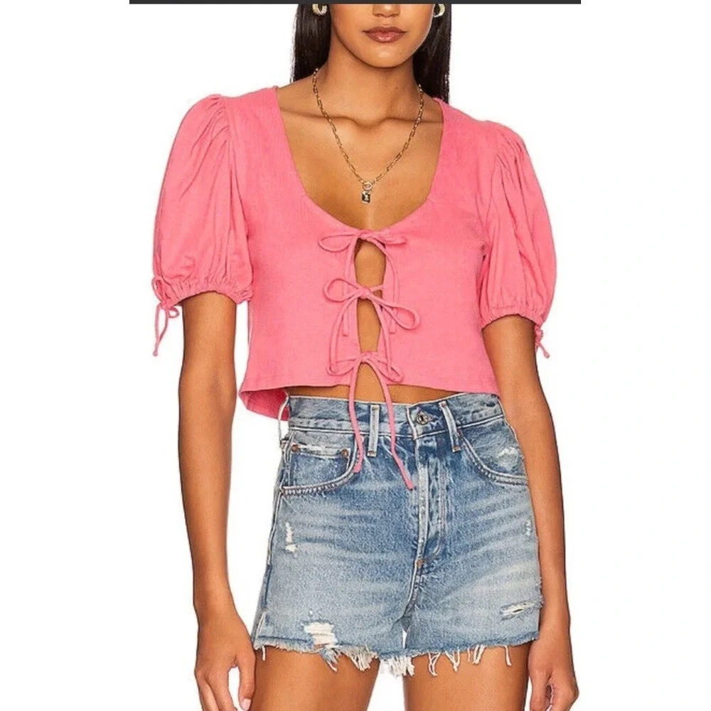 FREE PEOPLE Pink Kitty Tie‎ Front Crop Puff Sleeve Top L Coquette